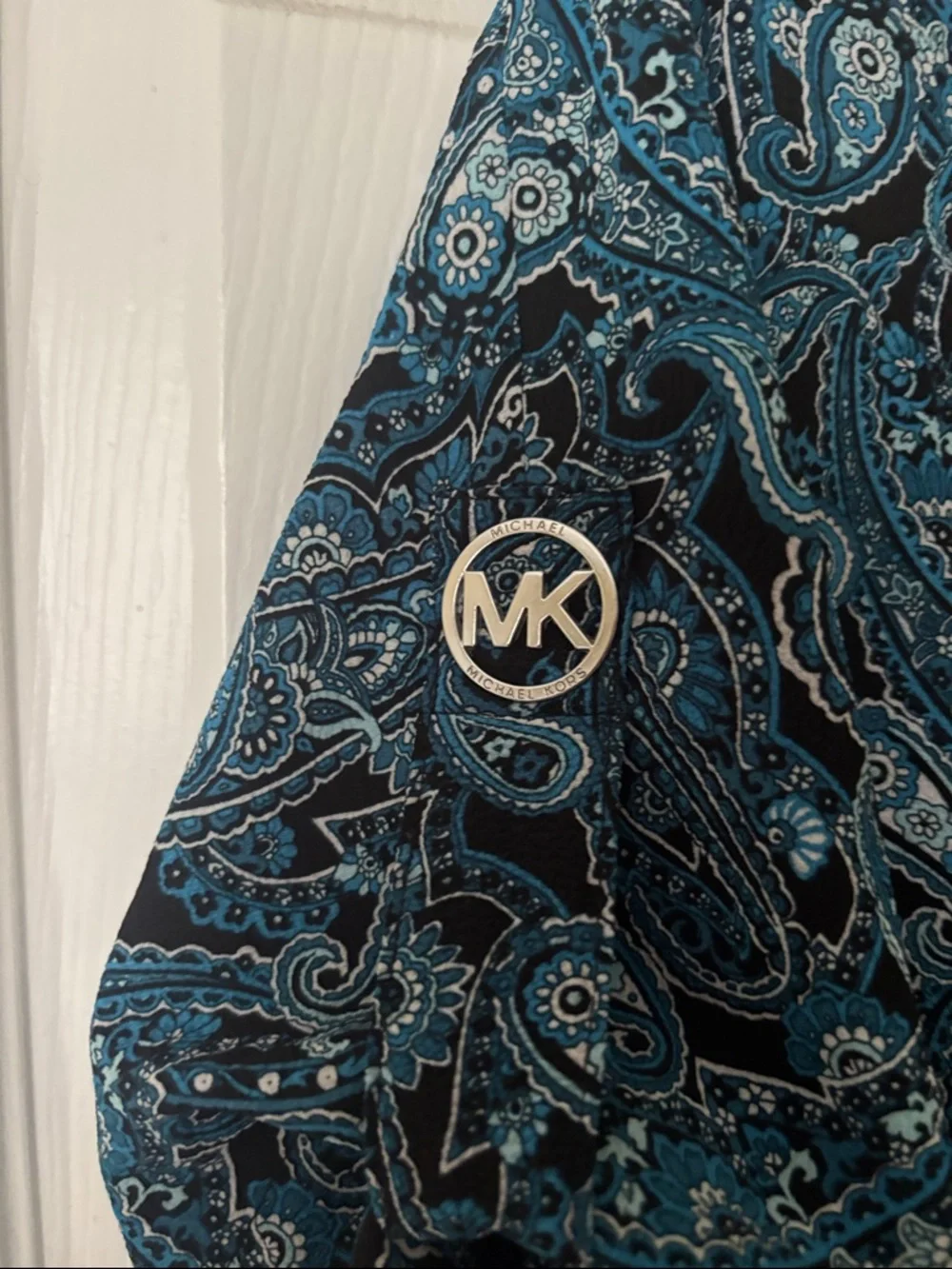 Michael Kors Teal and Navy Paisley Puff-Sleeve Top